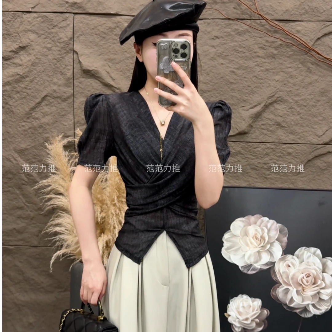 范范力推--欧货V领泡泡袖不规则衬衫女2025新款爆款夏季小衫