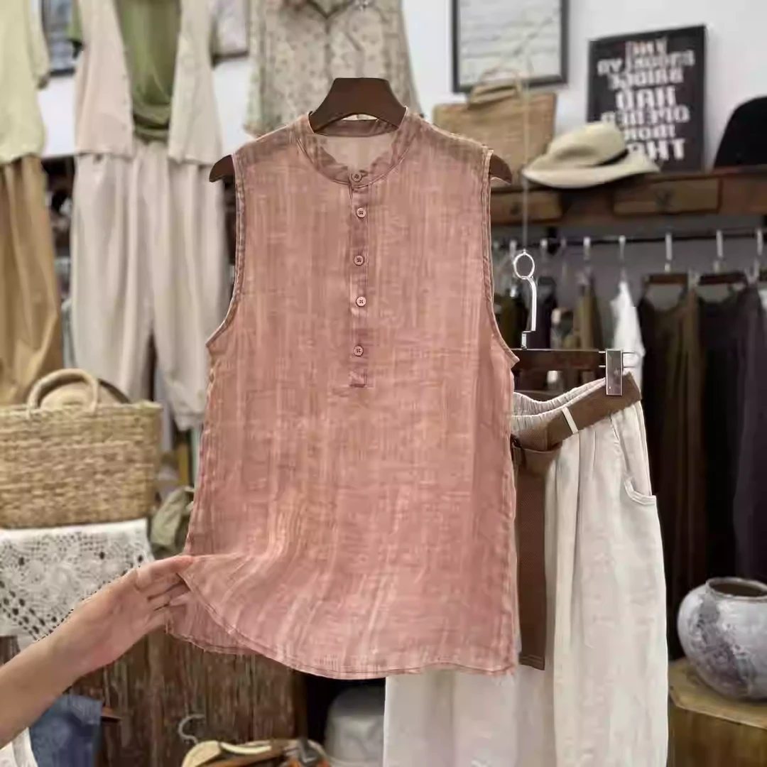 100支高支苎麻背心女2024夏季棉麻女装新款褶皱扎染无袖上衣坎肩