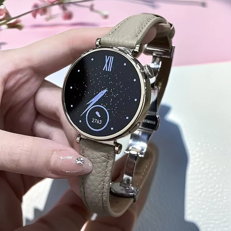 适用华为手表GT4gt5新款真牛皮表带蝴蝶扣watchgt3女士智能手表带