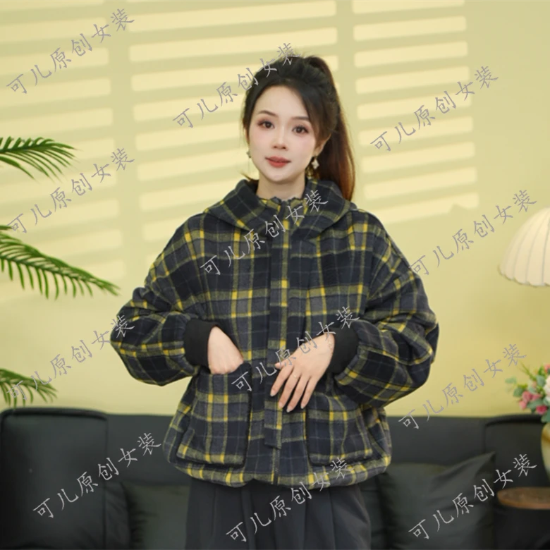 冬季新款连帽落肩袖拼接格子棉服外套宽松型加绒加厚款双面穿棉衣