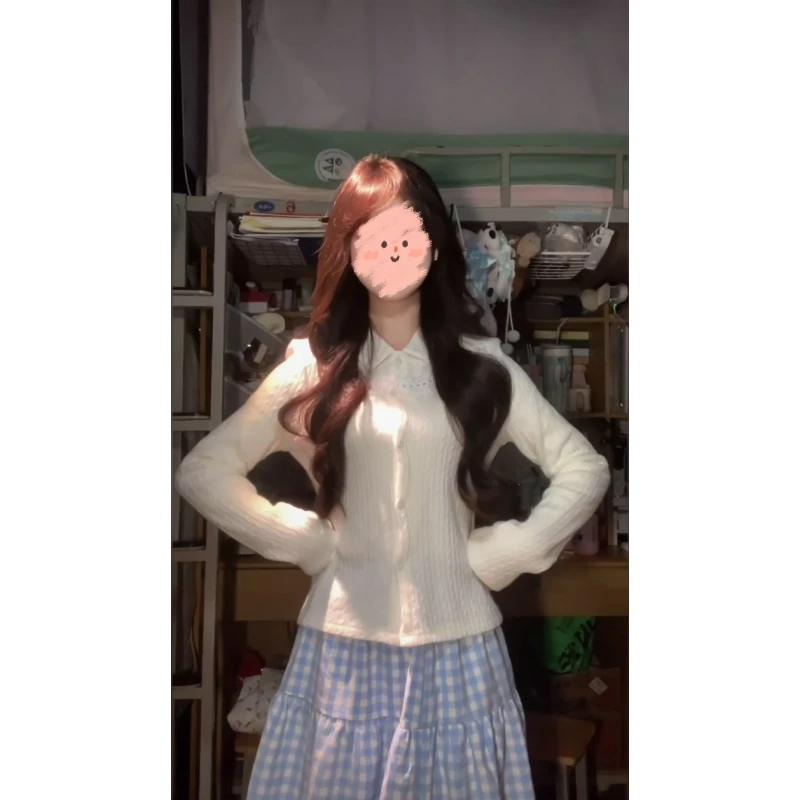 翻领拼接花边针织开衫女早秋季新款修身显瘦长袖上衣+格子半身裙