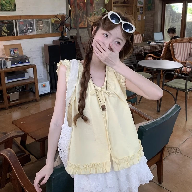 韩系甜美减龄木耳边V领系带无袖衬衫女夏季百搭小众上衣