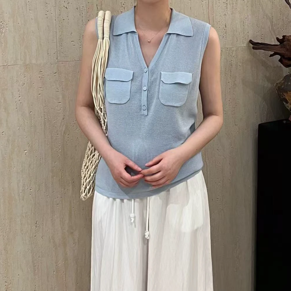 4297号92070#简约气质休闲双口袋包扣无袖针织上衣 G11-41