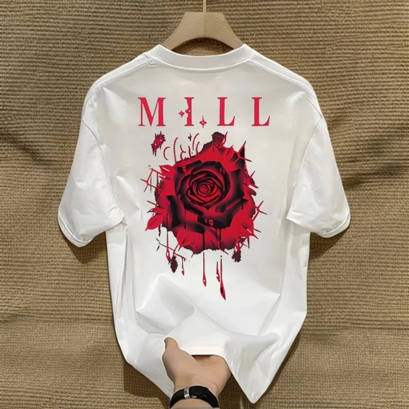 弗基马奇纯棉潮牌美式字母T恤潮流玫瑰印花男夏季圆领宽松短袖