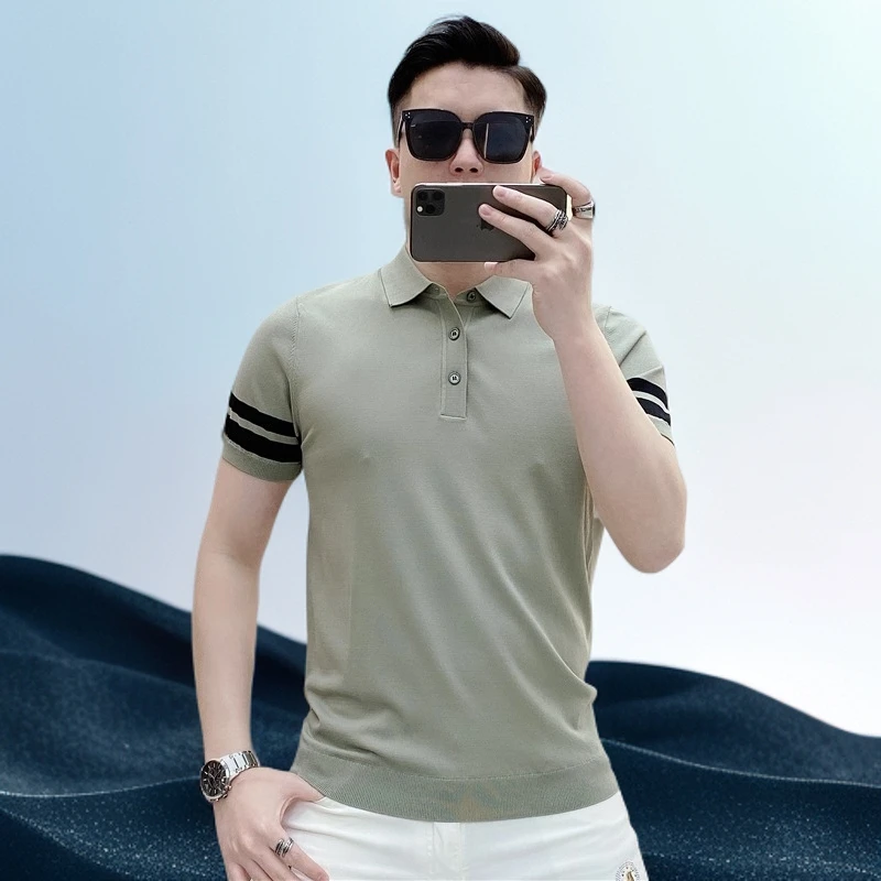 巴赛娜缇简约百搭修身弹力薄款针织冰丝T恤翻领短袖休闲polo衫男