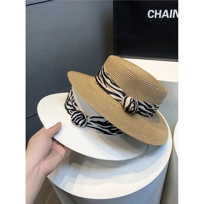 Miss both平顶礼帽女士夏法式新款草编太阳帽子海边防晒遮阳草帽