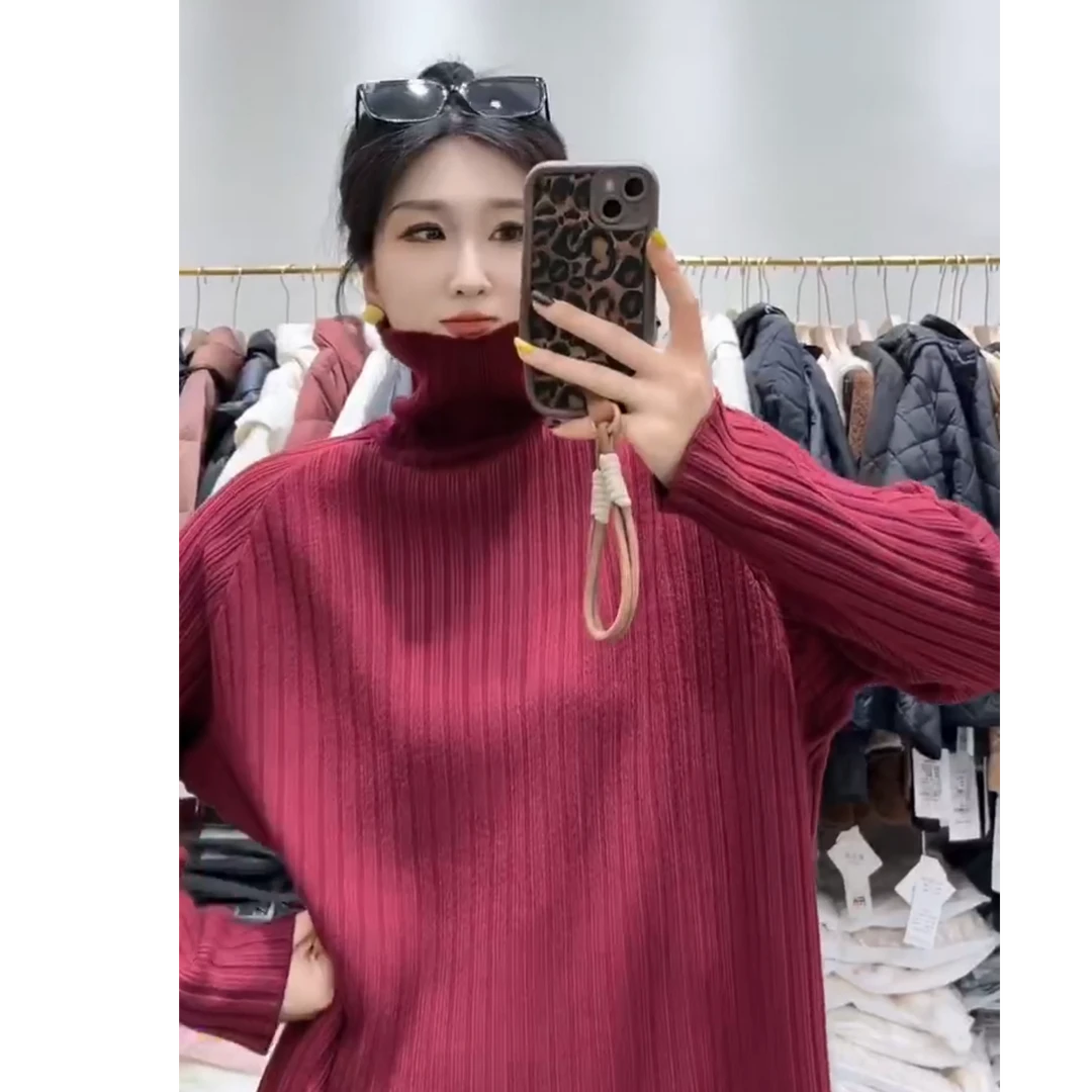 妃儿红8055女慵懒风套头毛针织衫高领毛半高领衫秋冬打底衫条纹冬