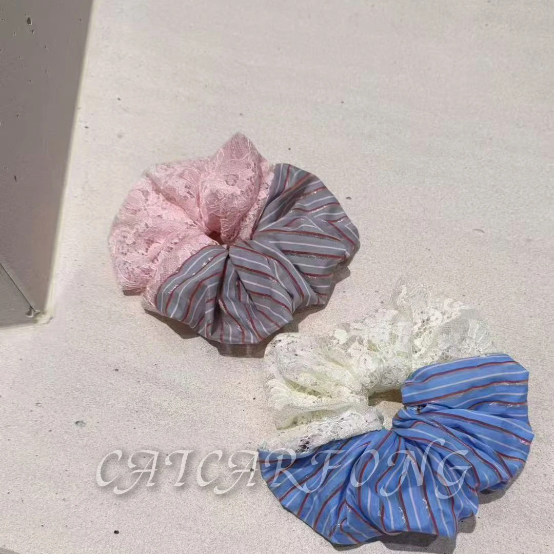 CAICARFONG/彩咖小众设计蕾丝拼接条纹小众百搭发圈ins风