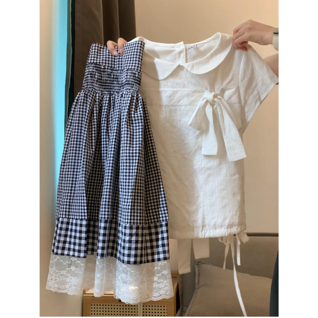 娃娃领衬衫收腰系带短上衣女百搭格纹拼接蕾丝花边半身裙夏季套装