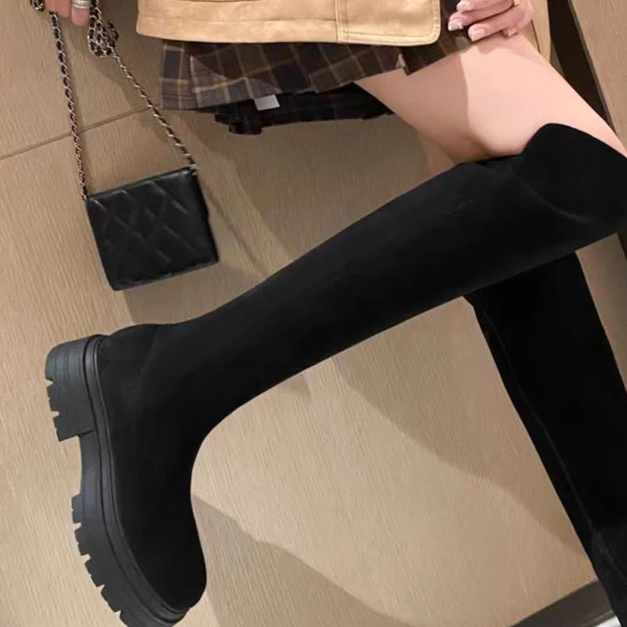 2024秋冬新款厚底弹力过膝靴长筒靴女绒面高筒大筒围骑士靴瘦瘦靴