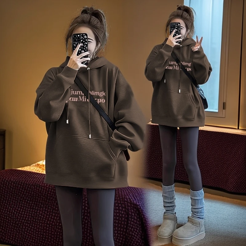 潮流宽松显瘦大码连帽加绒加厚舒适休闲时尚长袖秋季大码字母卫衣