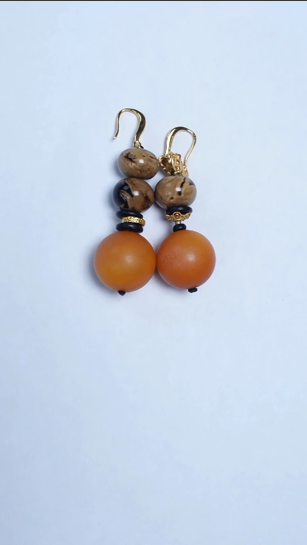 蜜蜡银S925镶嵌耳饰橘皮老蜡缅珀耳饰