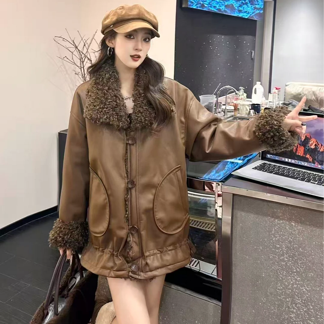 2025时尚加厚宽松冬季新款PU毛毛拼接外套