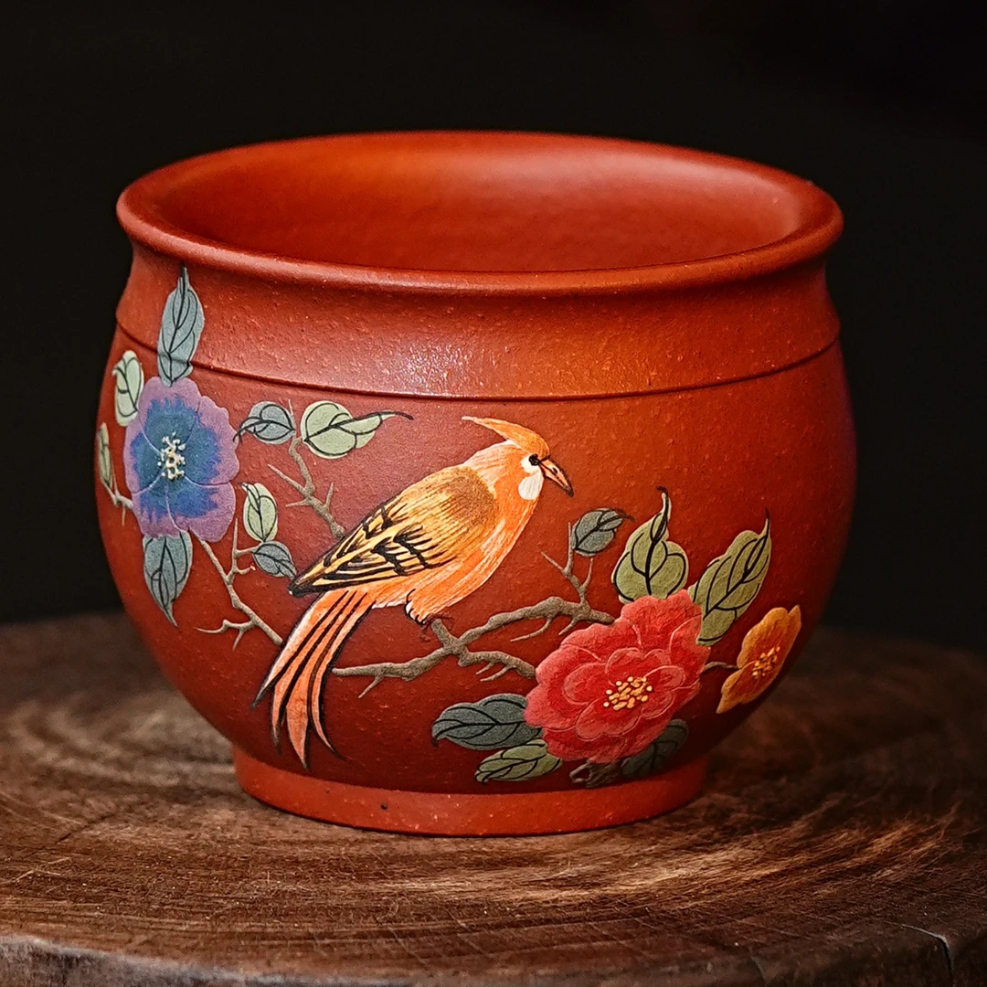 宜兴茶具 手工泥绘堆绘喜上枝头坭香精美紫砂主人杯