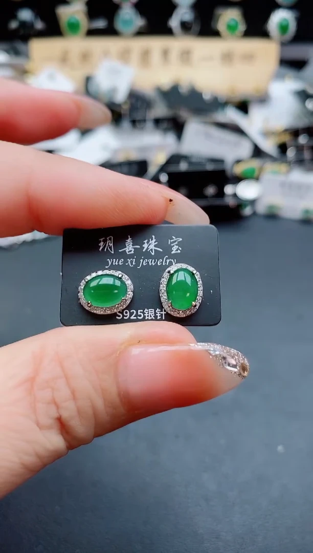 银S925镶嵌翡翠耳饰5080