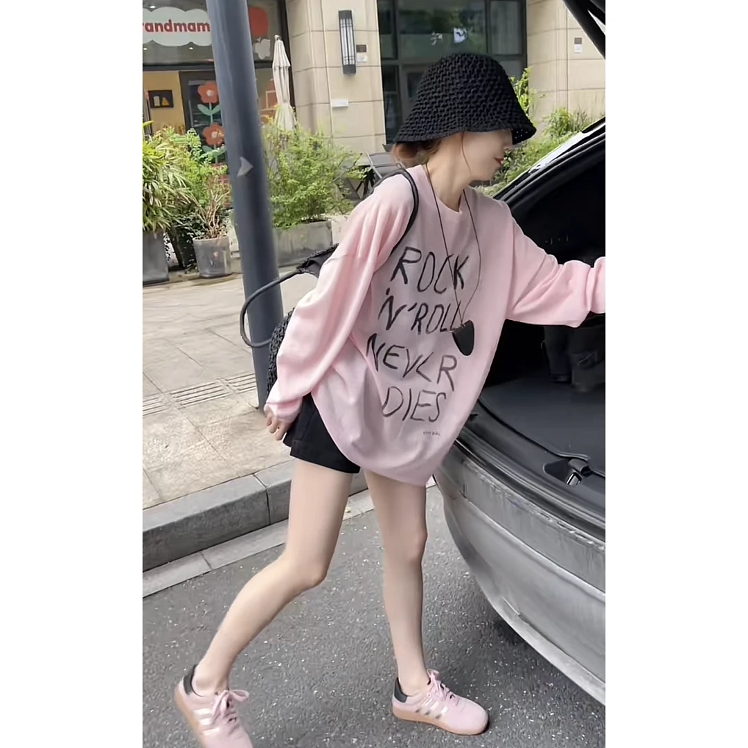 早秋穿搭一整套女2025新款韩版字母长袖宽松上衣休闲短裤两件套装