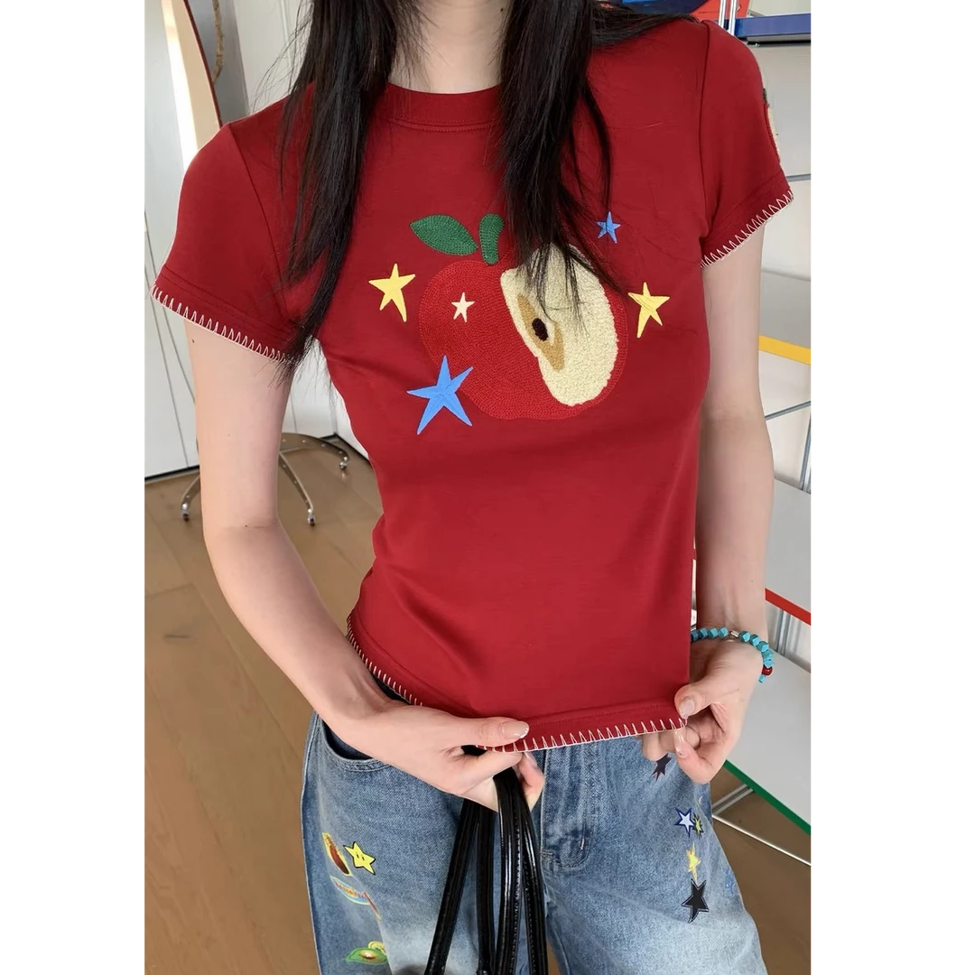 正肩短袖t恤女夏季新款美式甜辣妹修身短款纯棉上衣X3727