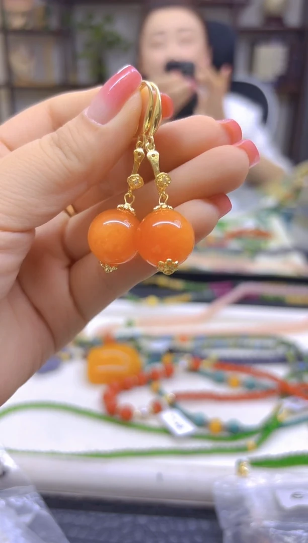 蜜蜡14K金镶嵌耳饰DIY款E722