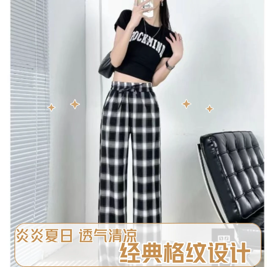 格纹设计阔腿裤女清凉神器夏季薄款透气中国风2025新款宽松