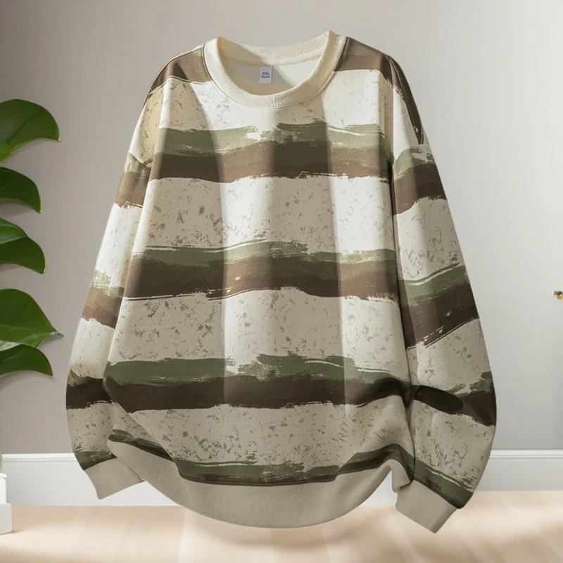 港风卫衣男士宽松条纹上衣秋冬季套头打底衫圆领长袖潮流休闲上衣