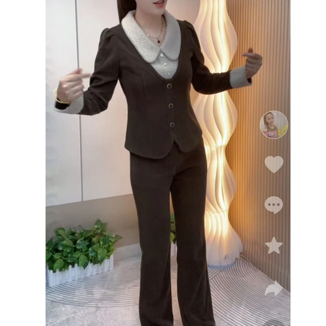 《金美推荐》 2025冬季新款时尚轻奢气质高雅修身显瘦微喇裤套装