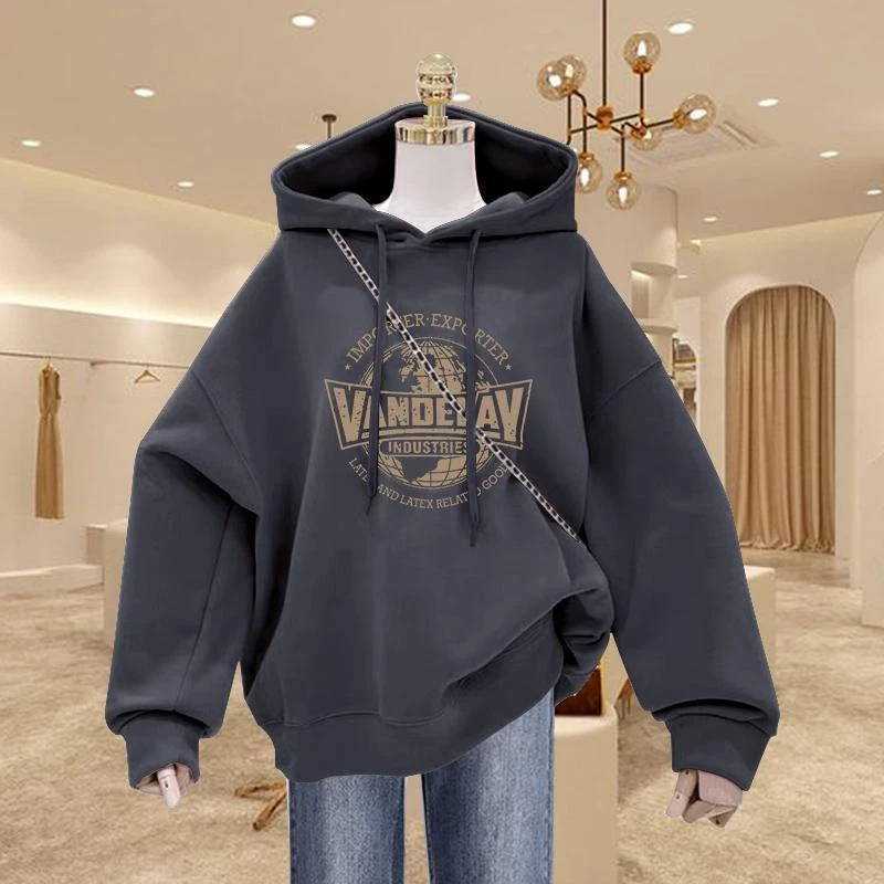 奥莱撤柜美式复古卫衣深灰色长袖连帽卫衣女2025年爆款宽松加绒印