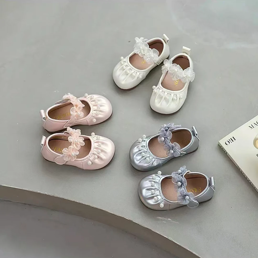 春秋新款小皮鞋魔术贴花朵蕾丝珍珠婴幼儿学步鞋BBX075