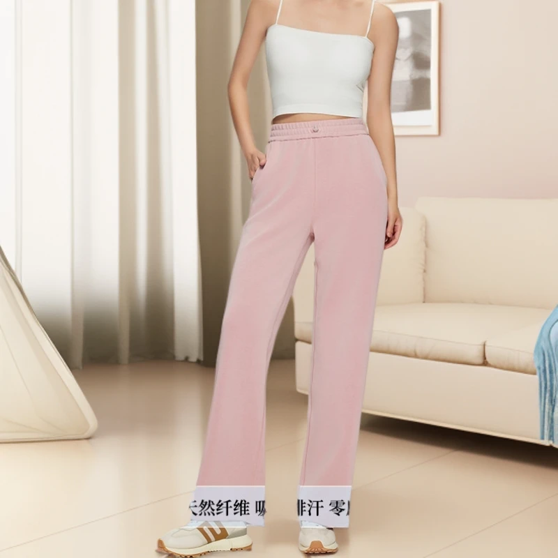 刺绣保暖四季通用阔腿裤女士卫裤冬季磨毛长裤