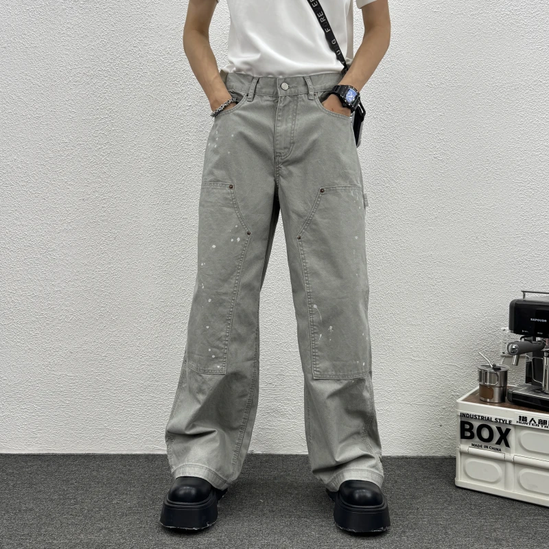 2025新款男士秋冬百搭泼墨拼布直筒纯色牛仔长裤时泼墨美式直筒
