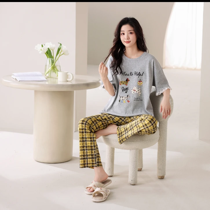 【黄格萌犬】日系卡通舒适纯棉可外穿睡衣家居服100%全棉家居服女