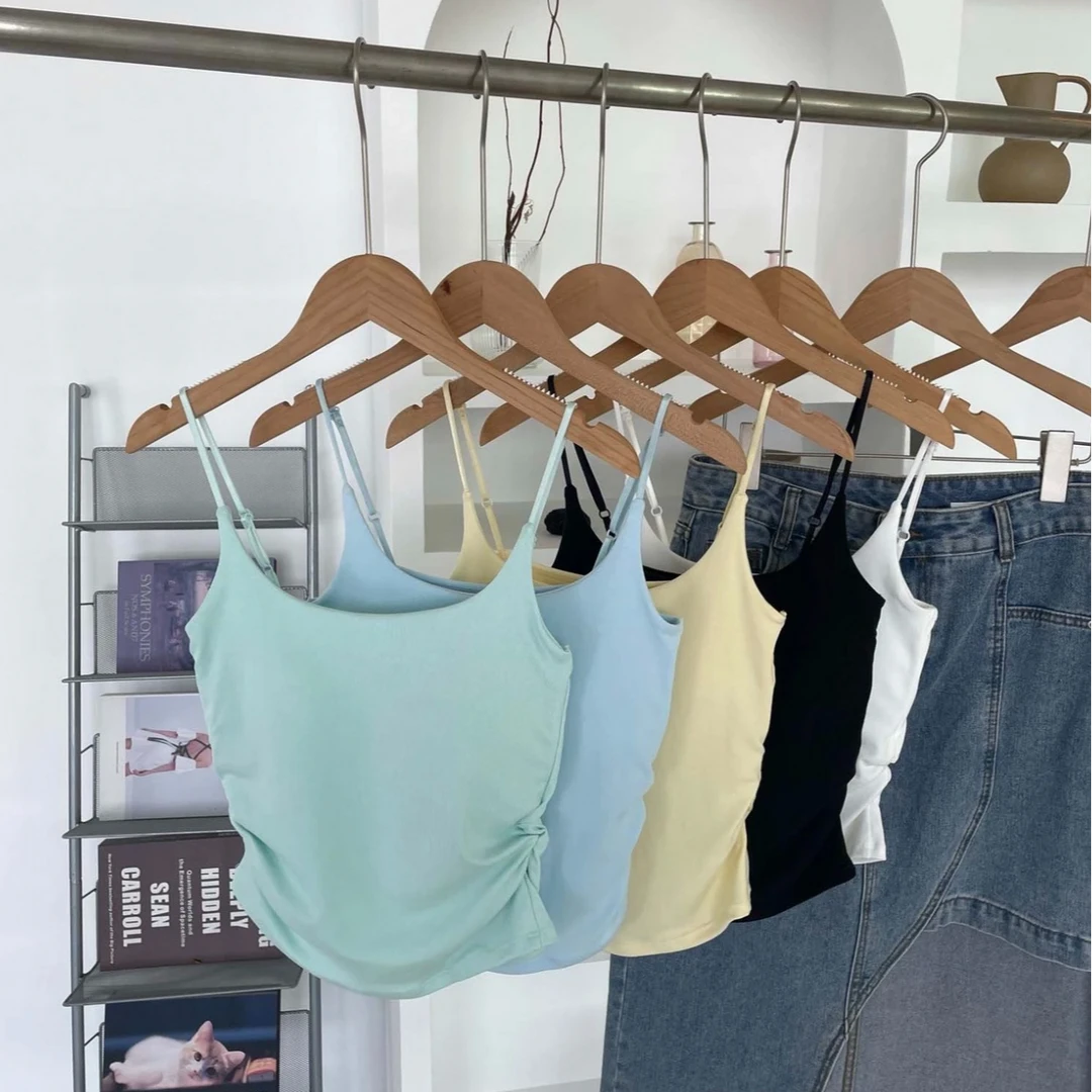 小清新纯欲风设计感褶皱吊带背心女外穿内搭带胸垫修身美背上衣夏