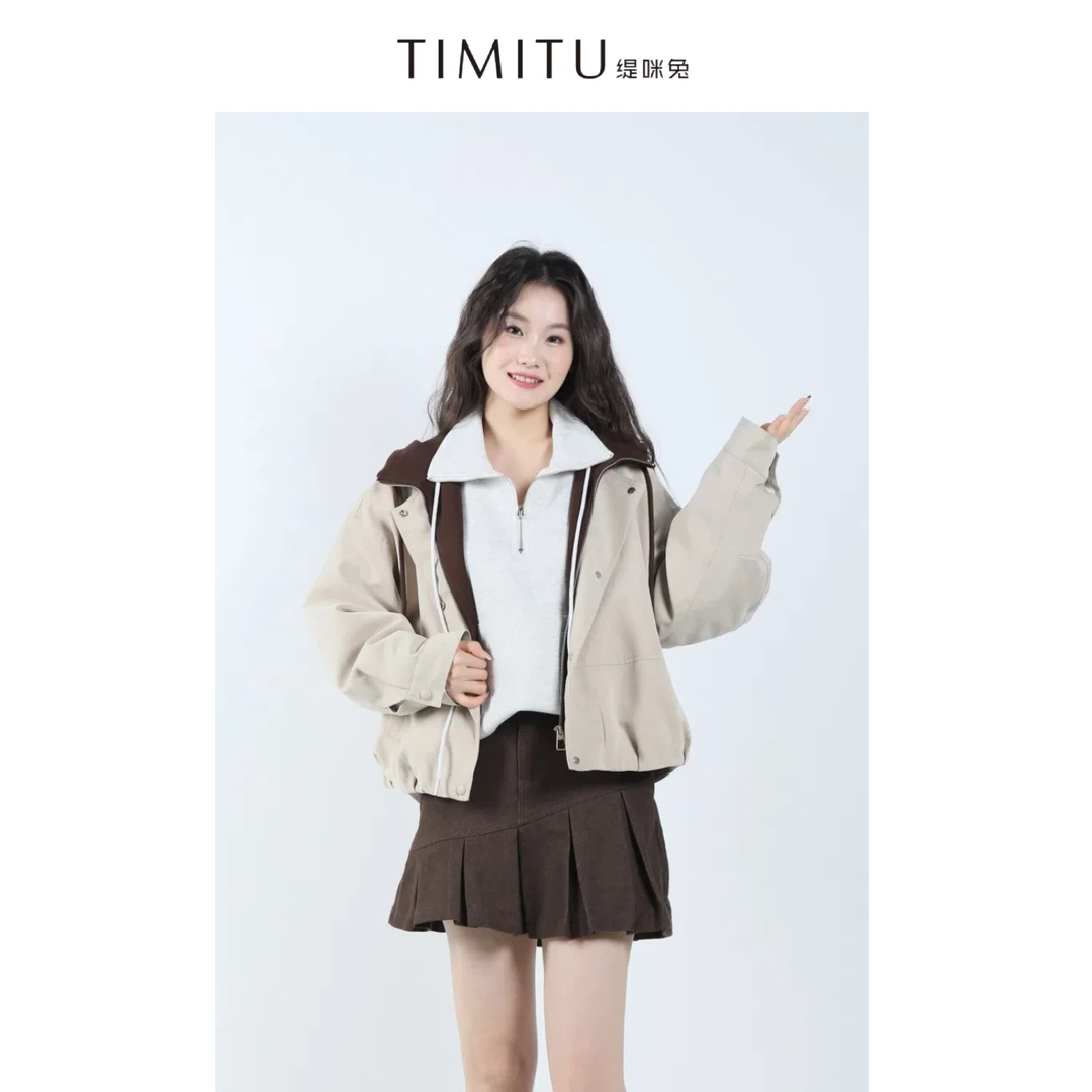 TIMITU缇咪兔琥珀流光风翻领撞色拼接连帽夹克短款外套34324008