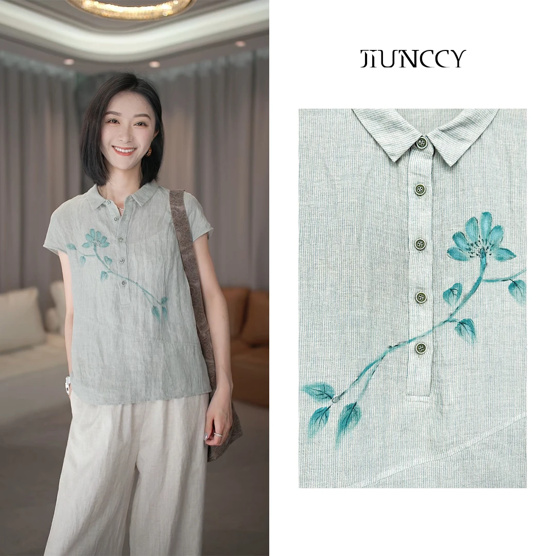 JIUNCCY【青荷】全亚麻肌理织纹匠人手绘绿荷盖袖开衫上衣 52YCY030