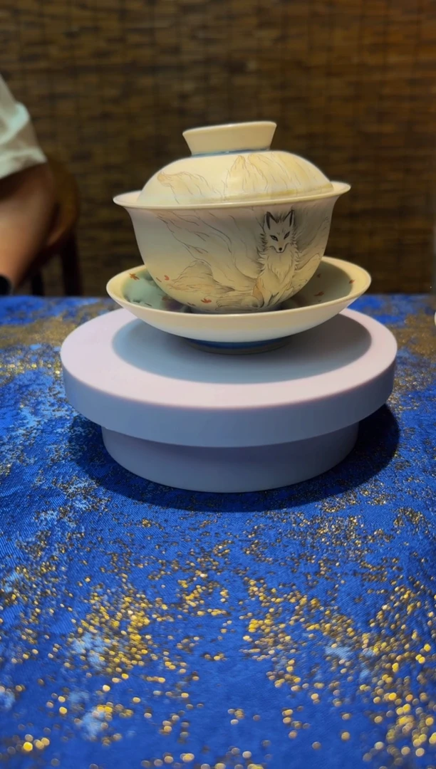 手拉胚纯手工手绘九尾狐三才盖碗茶具