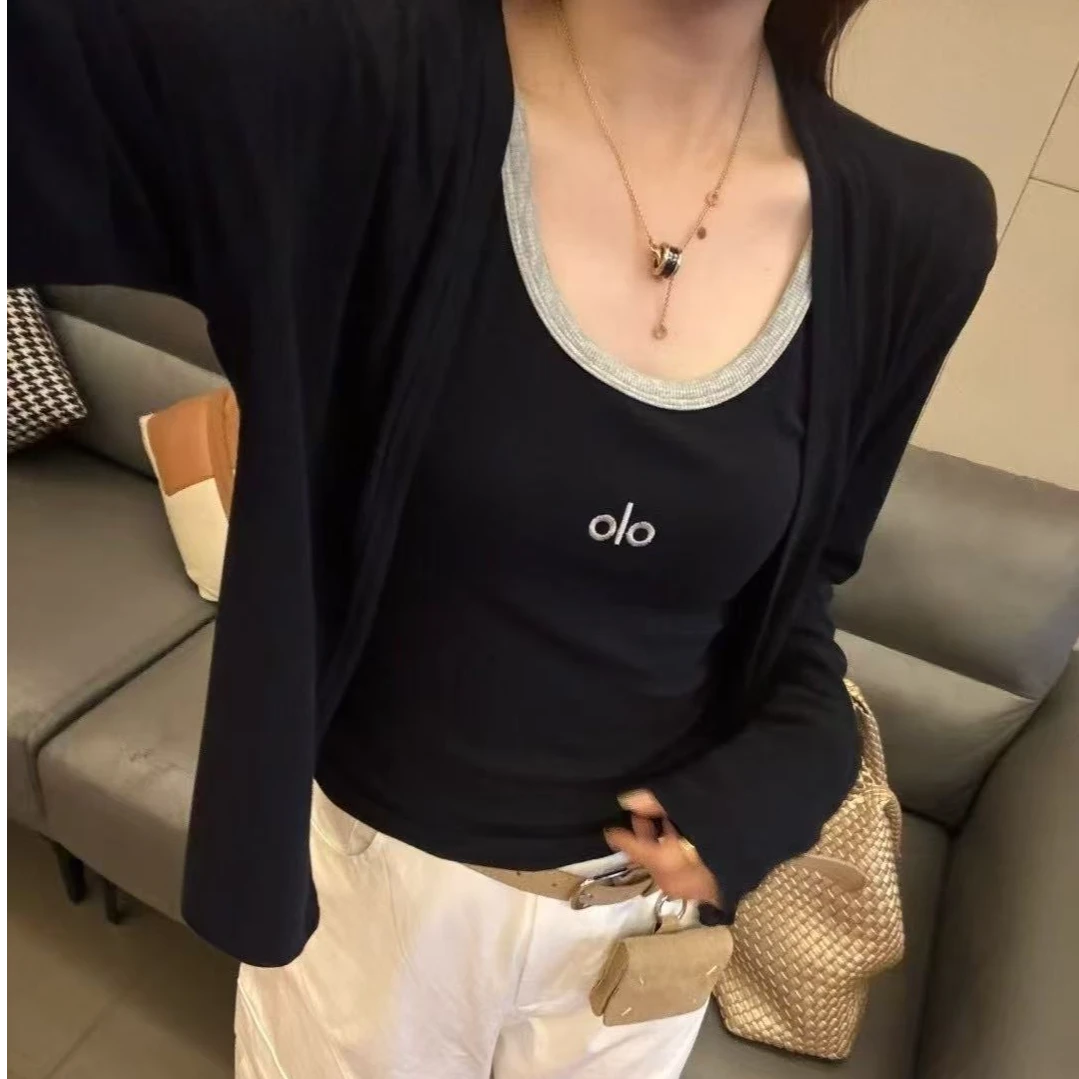 9526番外早秋季新款时尚休闲百搭显瘦长袖开衫+字母背心两件套女