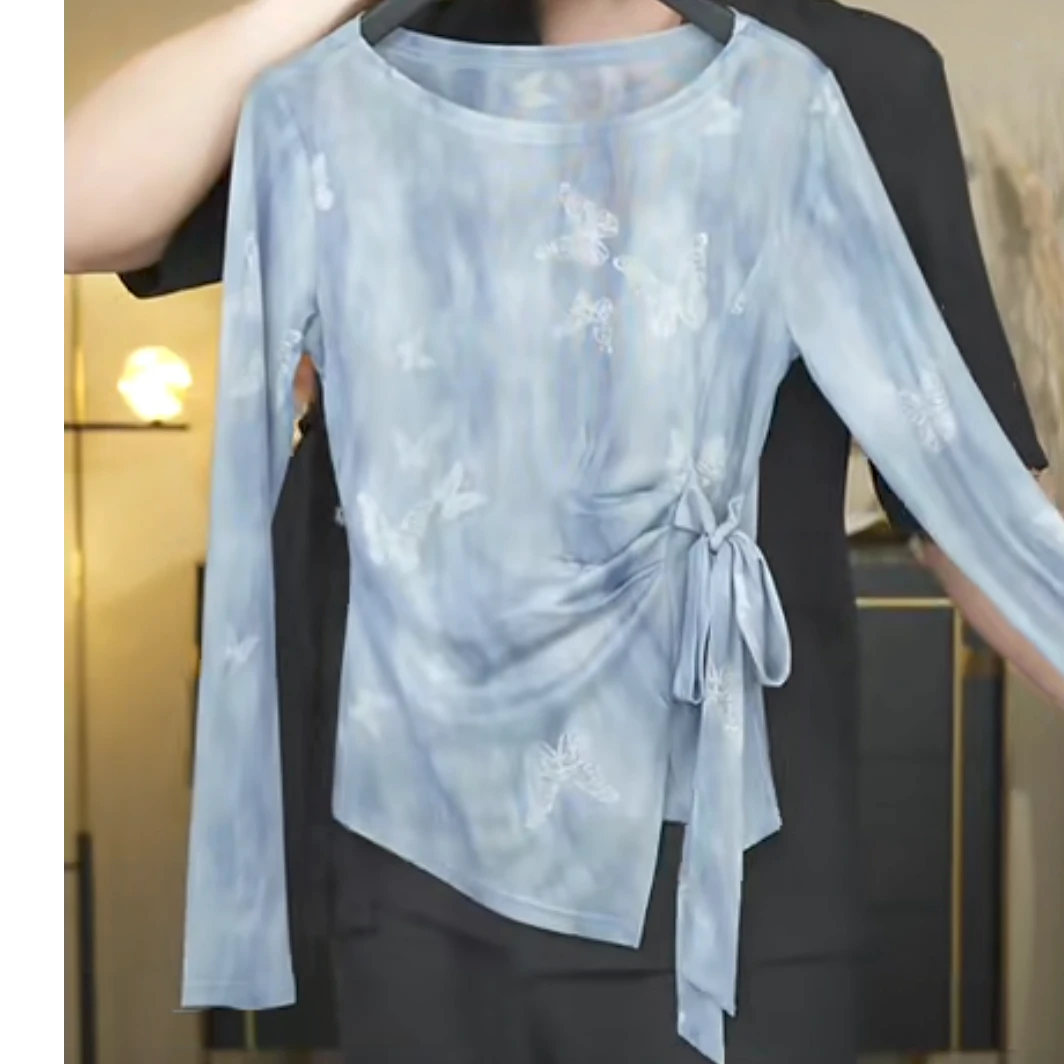 夏季蝴蝶结绑带网纱T恤女【羽裳幻逸】高级感别致显瘦百搭罩衫