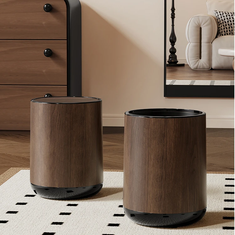 复古仿木纹垃圾桶2025新款家用翻盖大容量客厅卧室办公室中式纸篓