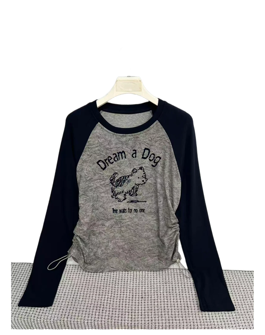 B 3763  拼接  小狗图  百搭  圆领  舒适  T恤