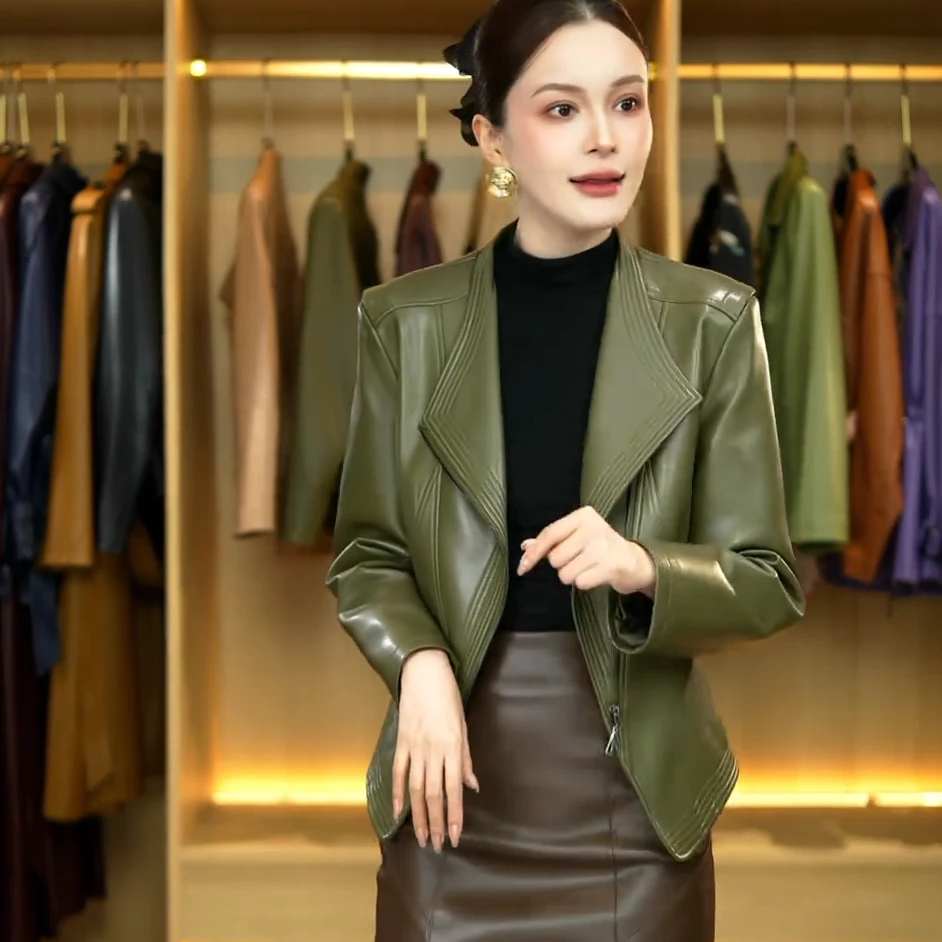 海宁真皮皮衣女短款韩版修身绵羊皮夹克春秋小外套 SHLR-243#