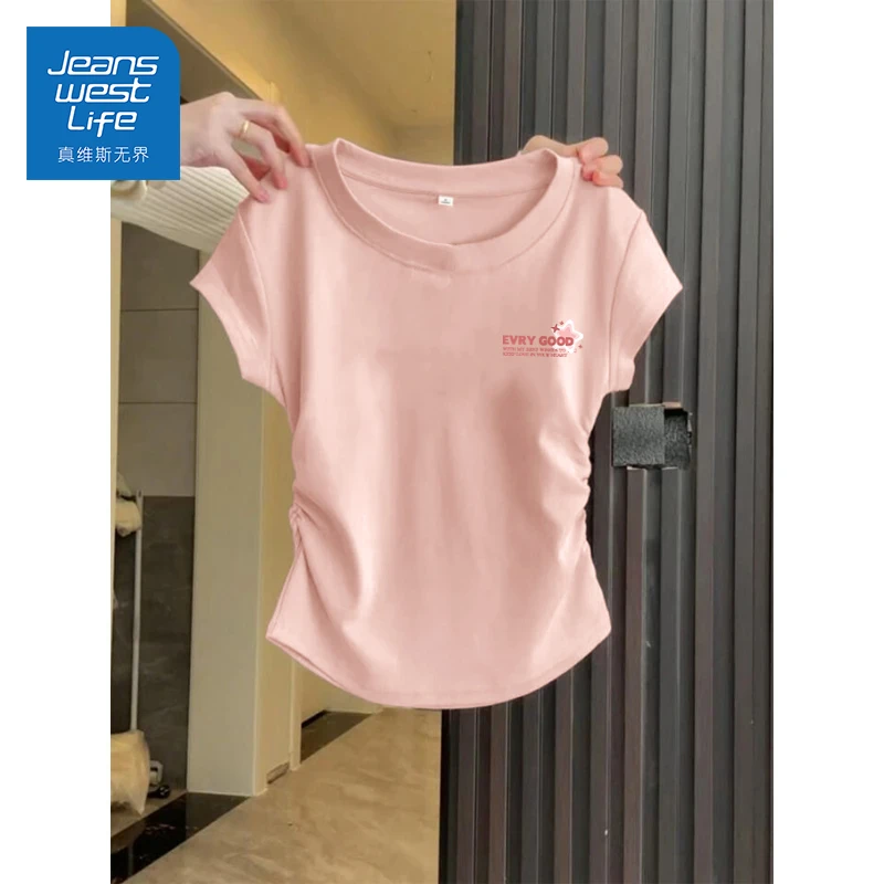 真维斯无界2025新款潮流修身褶皱款正肩圆领短袖T恤轻薄透气上衣y