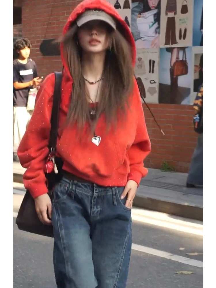 美式慵懒chic上衣独特超好看炸街减龄洋气显瘦红色细闪连帽卫衣秋