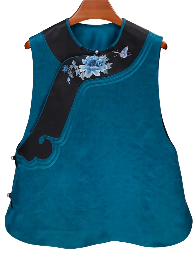 寨优袡【20177】香云纱龟纹手绣百搭斜襟马甲