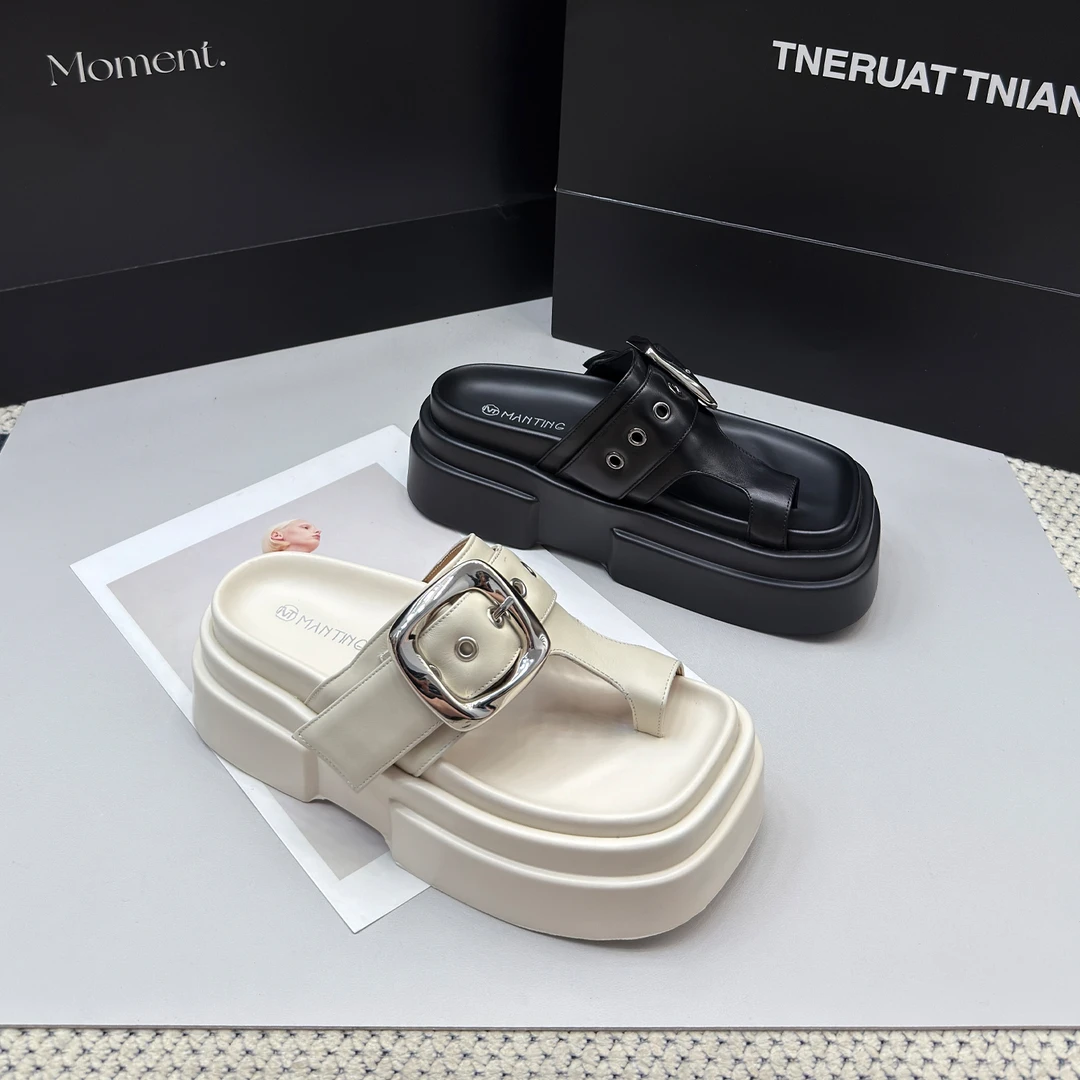 1183-65真皮厚底凉拖鞋女外穿时尚夏新款休闲松糕沙滩一字拖鞋