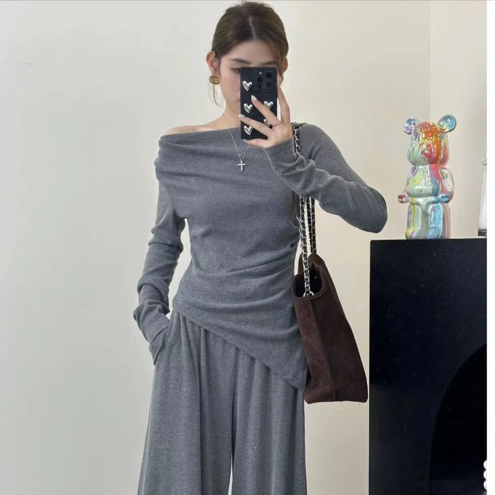 Seven leaves-2025辣妹不规则一字肩长袖上衣+高腰显瘦阔腿两件套