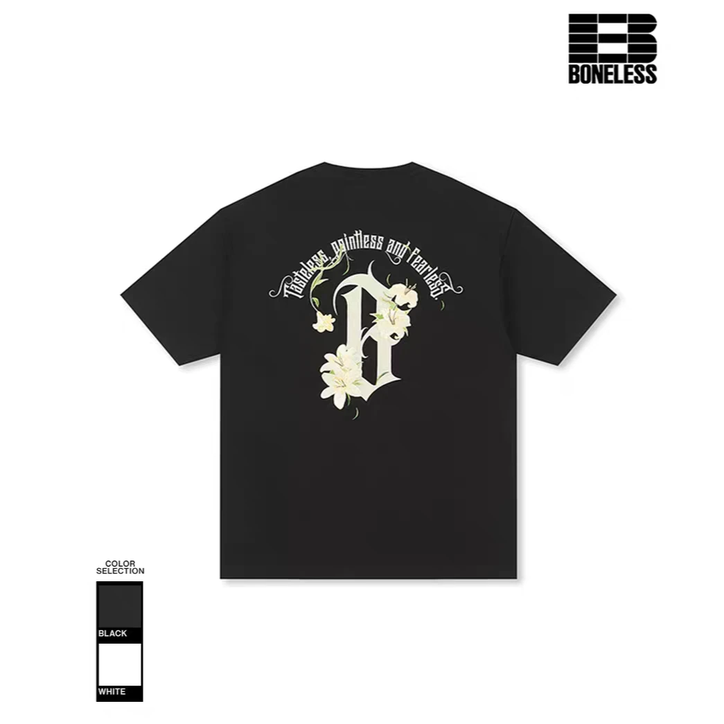 BONELESS香水百合花朵刺绣短袖宽松夏季凉感速干圆弧B字情侣T恤潮