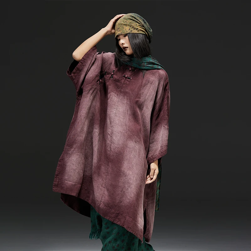 麻依者25春夏款撞色盘扣设计复古亚麻植物晕染宽松长袍#M-077