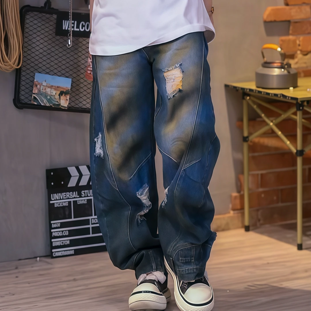 Lahamo/癞蛤蟆潮牌宽松弯刀破洞蓝色水洗牛仔裤潮男做旧牛仔裤