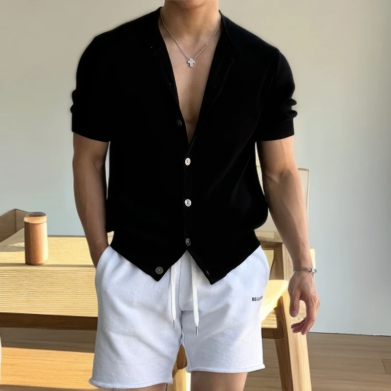 轻奢开衫透气美式夏季男士T恤衫休闲复古黑色针织百搭短袖轻熟风