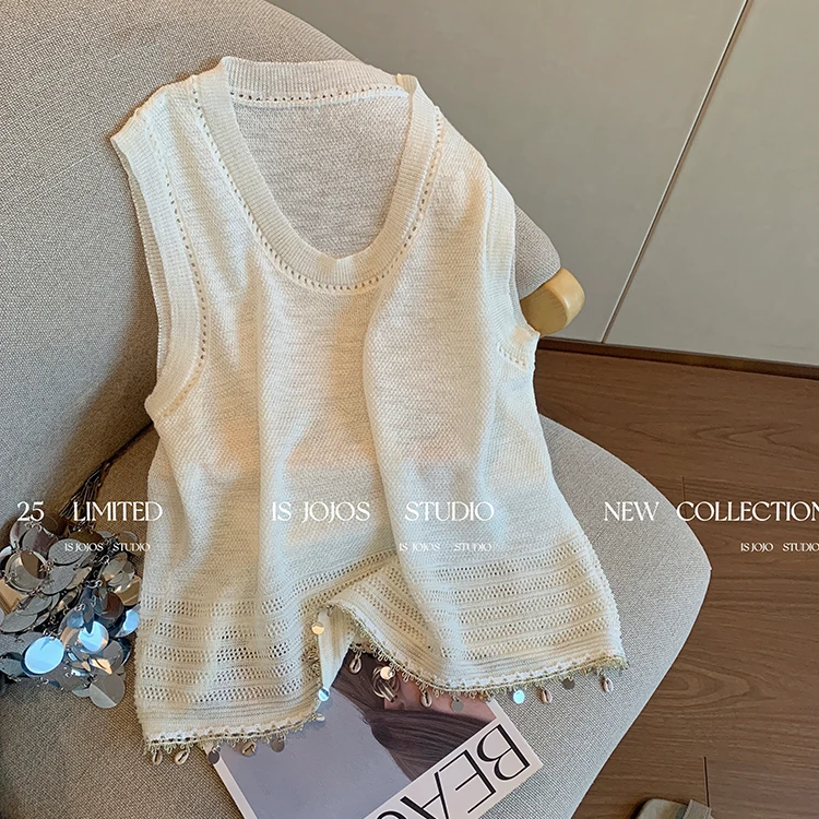 夏季波西米亚风亮片拼接针织吊带背心女高级别致白色气质无袖上衣