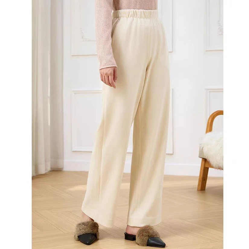 慵懒休闲松紧腰显瘦阔腿杏色休闲裤